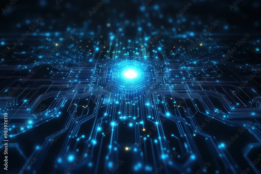 A glowing blue digital circuit network with a bright center point emitting light, symbolizing
