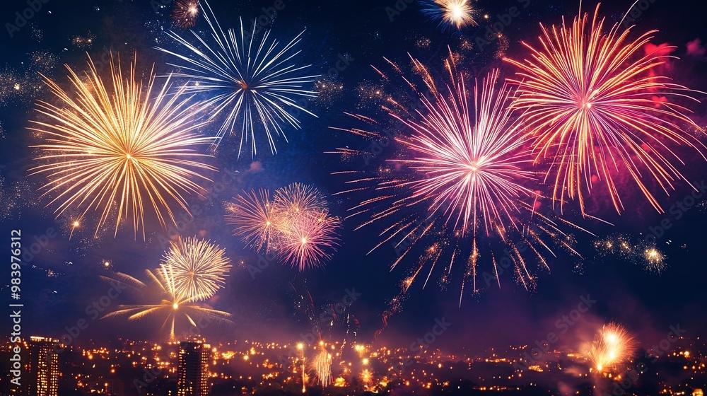 A stunning Fourth of July fireworks display lighting up the night sky over a vibrant city skyline, celebrating independence and freedom with colorful bursts of light and an electric atmosphere. A stunning Fourth of July fireworks display lighting up the night sky over a vibrant city skyline, celebrating independence and freedom with colorful bursts of light and an electric atmosphere.