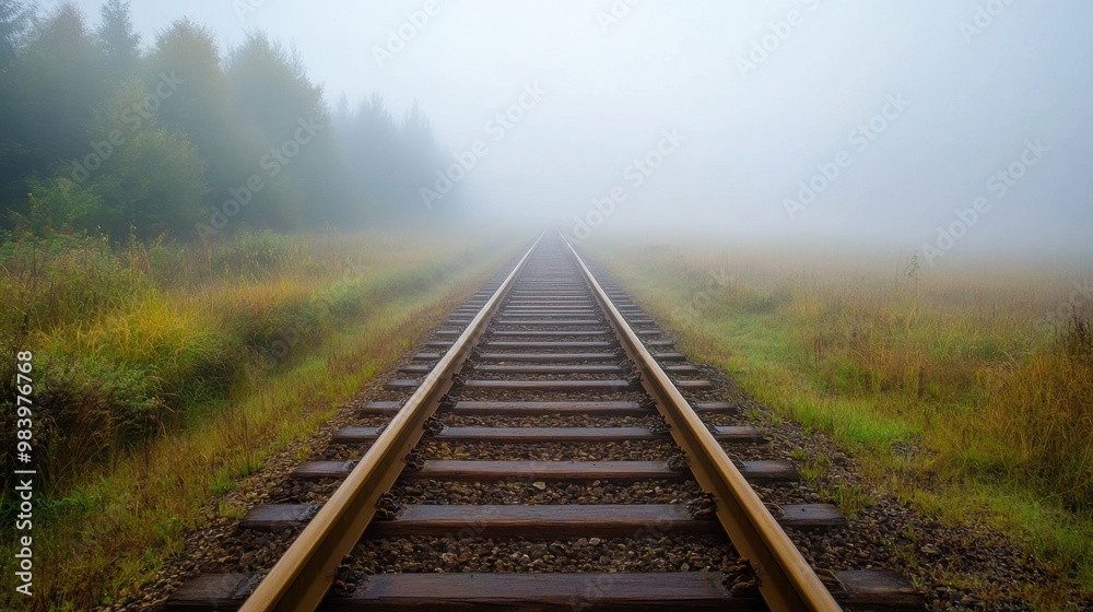 Fototapeta premium Single railway track stretching into the morning fog creating a sense of distance and calm in the misty landscape