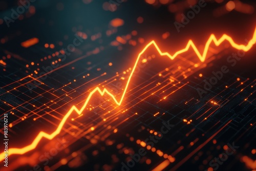 A glowing orange line graph is rapidly increasing on a dark digital background filled with intricate