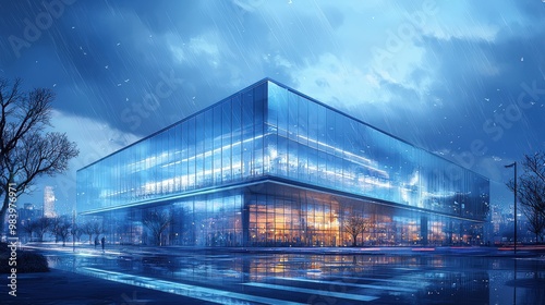 The glass facade of a modern office building, glowing in a soothing blue light. The city skyline in the background is gently blurred, creating a striking contrast that highlights the building's