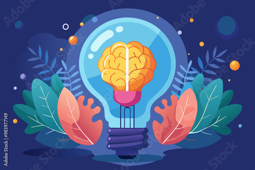 A creative illustration of a human head with a lightbulb, inside of which is a brain, representing an idea or powerful concept, with elements like nature and energy subtly integrated