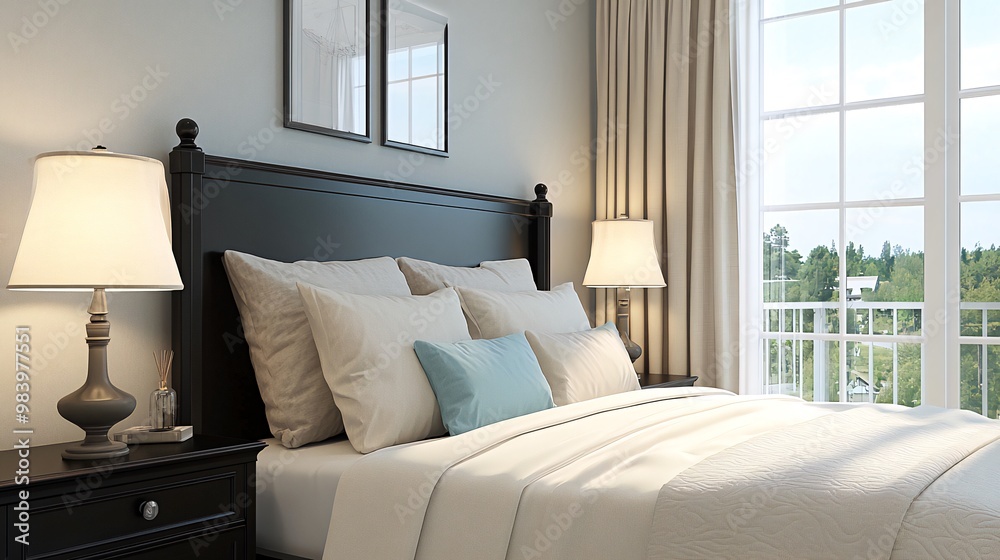 A well-made bed with white linens and blue throw pillows sits in a modern bedroom. The bed is against a wall with two framed pictures and two bedside lamps. A well-made bed with white linens and blue throw pillows sits in a modern bedroom. The bed is against a wall with two framed pictures and two bedside lamps.