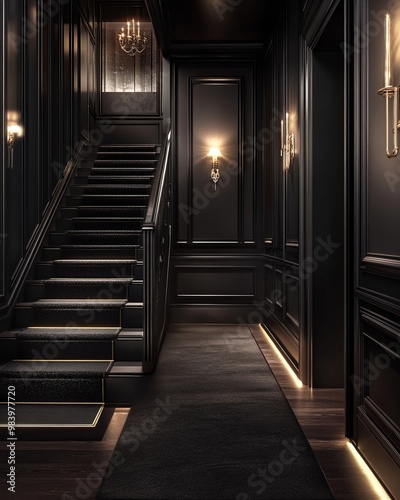 Black carpet steps and narrow hallway of luxury home with wooden floor.