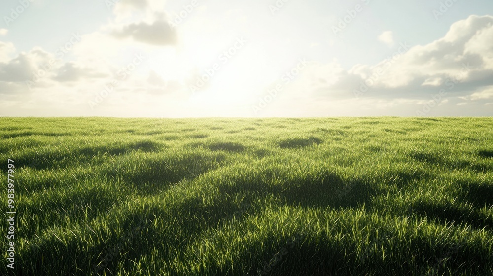Obraz premium Green grass covering a vast open field under a soft, clear sky with gentle sunlight casting natural shadows, creating a peaceful and serene atmosphere
