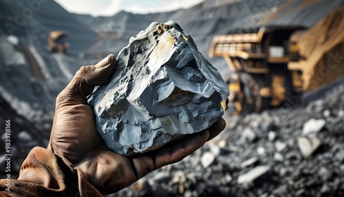 Rugged miner showcasing raw mineral ore, embodying the demanding spirit of industry and unwavering perseverance in the mining world photo