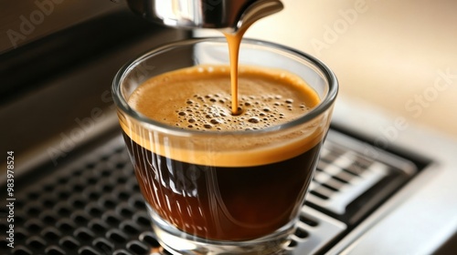 Fresh espresso pouring smoothly from a coffee machine into a cup, capturing the rich aroma and texture of freshly brewed coffee