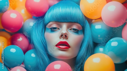 Woman with Blue Hair Surrounded by Colorful Spheres photo