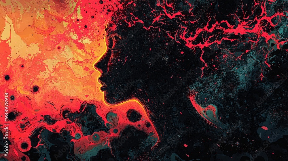An intense abstract representation of a person shrouded in a tumultuous blend of dark, disjointed patterns. The chaotic and oppressive colors reflect the emotional weight of depression and social An intense abstract representation of a person shrouded in a tumultuous blend of dark, disjointed patterns. The chaotic and oppressive colors reflect the emotional weight of depression and social