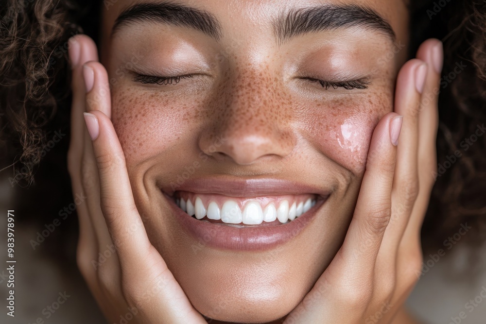 A joyful woman with a radiant smile, eyes closed, and hands delicately placed on her face A joyful woman with a radiant smile, eyes closed, and hands delicately placed on her face