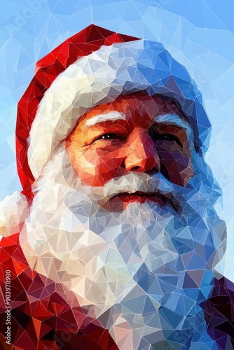 Polygonal Santa Claus portrait with white beard and red hat on blue background photo