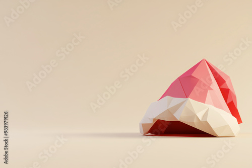 Minimalist polygonal Santa hat in red and white on a beige background photo