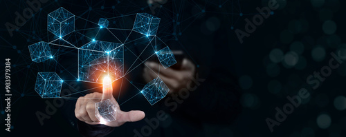 businessman touching a smart contract and executing a cryptocurrency transaction with blockchain technology. The transaction is secure and transparent, and there are other people in the background.
