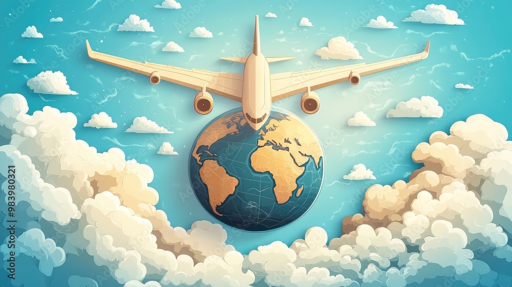 Naklejka premium Airplane Flying Over Earth Globe - Travel the World Concept with Futuristic Sci-Fi Map of Glowing Dots - Vector Illustration for Global Tourism and Air Travel