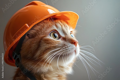 A cat wearing an orange construction helmet, looking thoughtfully to the side. photo