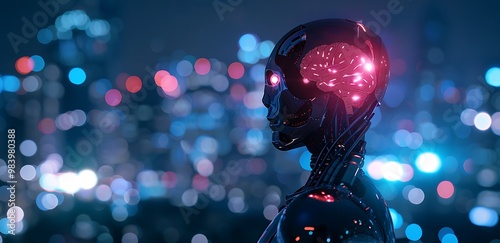 A robot with an open head, brain glowing and visible in the center of his body. In front are blurred city lights at night. The background features dark blue tones with bokeh effects. A futuristic viy. photo