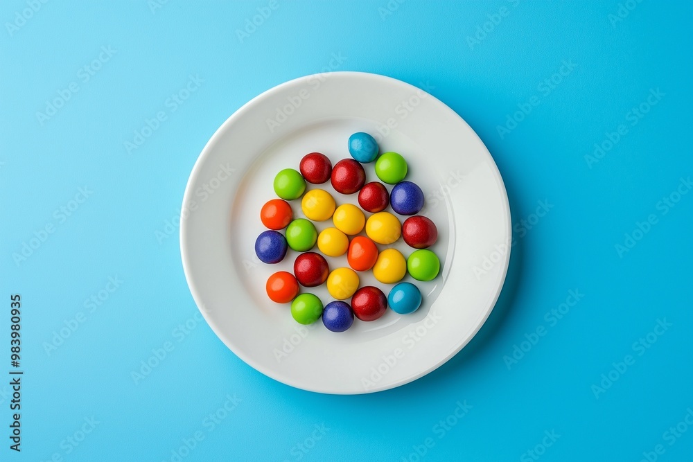 Colorful candies on a white plate against a blue background Colorful candies on a white plate against a blue background