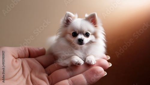 Tiny dog resting in the palm of a hand, showing tenderness and trust photo