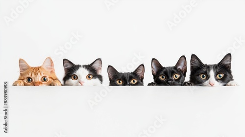 Dogs and cats peeking over the bottom of the frame in a playful manner against a white background creating a fun web banner scene