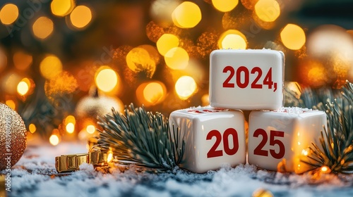 Transition from 2024 to 2025 with Festive Bokeh Background and Golden Lights, Celebrating the New Year photo