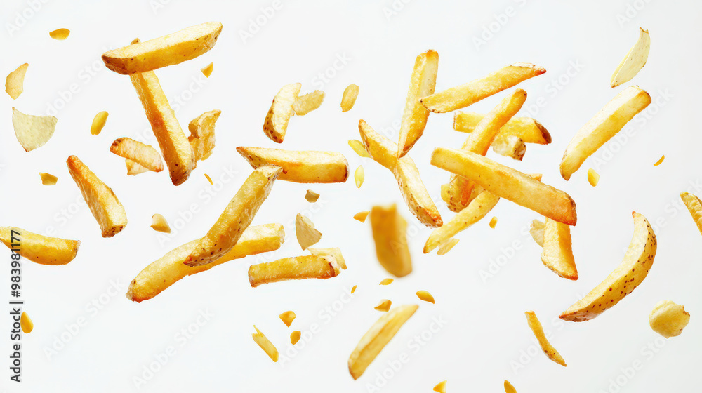 A handful of French fries flies into the air on a white background. Pieces of fried potatoes are scattered in different directions, creating a sense of chaos and movement. Fast food A handful of French fries flies into the air on a white background. Pieces of fried potatoes are scattered in different directions, creating a sense of chaos and movement. Fast food