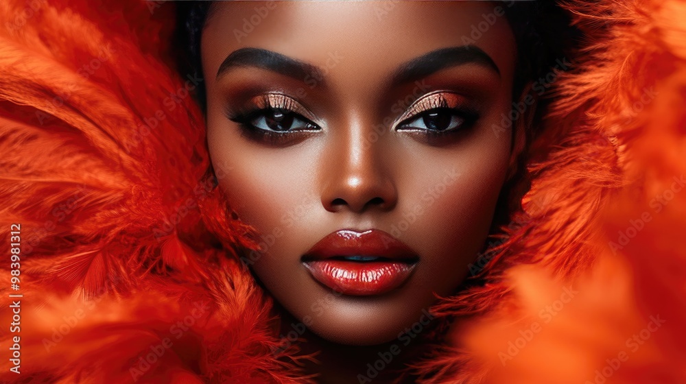 Close-up Portrait of a Woman with Red Feathers and Bold Makeup Close-up Portrait of a Woman with Red Feathers and Bold Makeup
