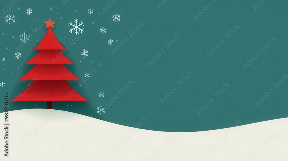 A festive red Christmas tree stands against a teal background, surrounded by snowflakes, evoking a cheerful winter holiday scene. A festive red Christmas tree stands against a teal background, surrounded by snowflakes, evoking a cheerful winter holiday scene.