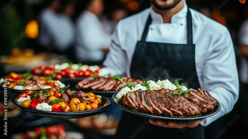 Waiter Serving Gourmet Meat Dishes at Festive Event, Wedding Reception, or Party in Elegant Restaurant Setting Waiter Serving Gourmet Meat Dishes at Festive Event, Wedding Reception, or Party in Elegant Restaurant Setting