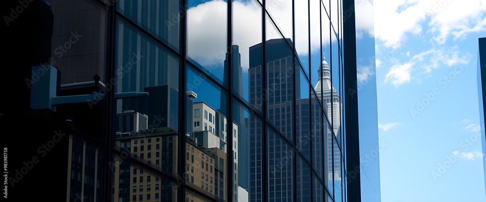 The reflections in the windows of a high-rise building, capturing the cityscape and sky mirrored on the glass surfaces. The reflections in the windows of a high-rise building, capturing the cityscape and sky mirrored on the glass surfaces.