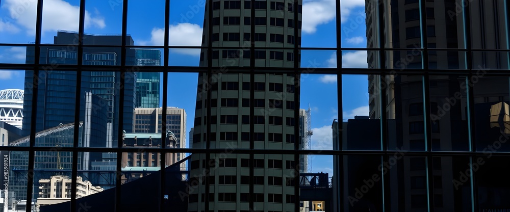 The reflections in the windows of a high-rise building, capturing the cityscape and sky mirrored on the glass surfaces. The reflections in the windows of a high-rise building, capturing the cityscape and sky mirrored on the glass surfaces.