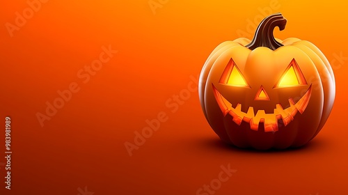 A glowing jack-o'-lantern with a mischievous grin, carved with triangular eyes and a jagged mouth, placed on a dark orange background, with space for text above