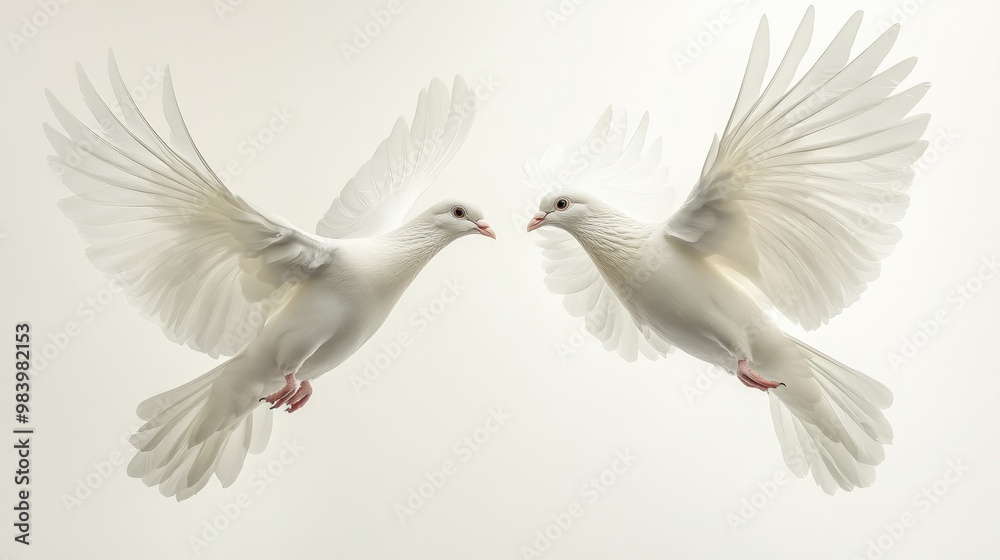 Two white doves in mid-flight against a light background.