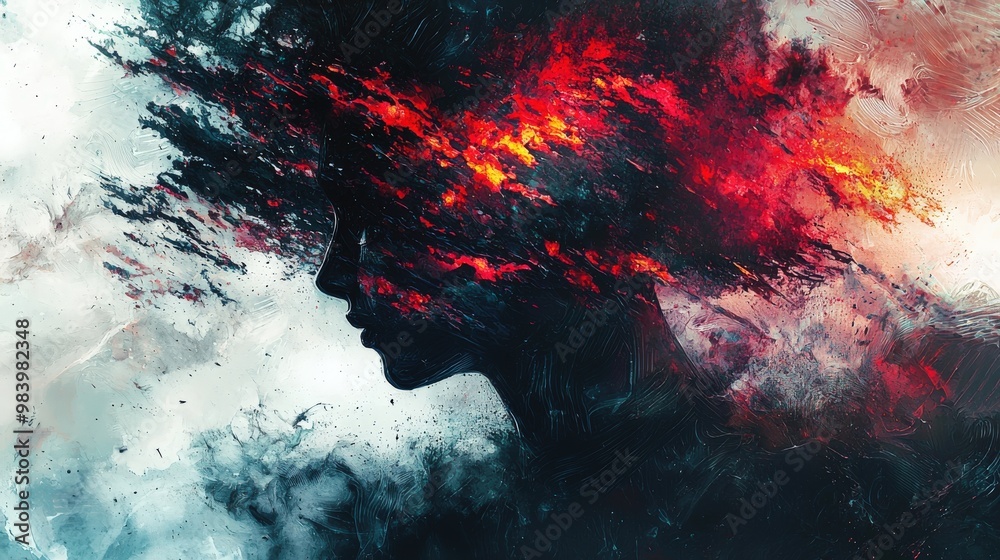 An intense abstract representation of a person shrouded in a tumultuous ...