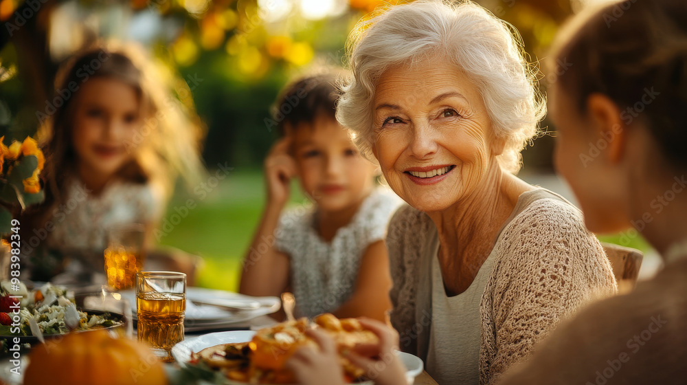 Happy Senior Grandmother Enjoying Outdoor Dinner with Grandchildren, Garden Party, Food and Drinks, Family Gathering, Fun Conversations and Bonding, Warm Evening Light, Multigenerational Celebration Happy Senior Grandmother Enjoying Outdoor Dinner with Grandchildren, Garden Party, Food and Drinks, Family Gathering, Fun Conversations and Bonding, Warm Evening Light, Multigenerational Celebration