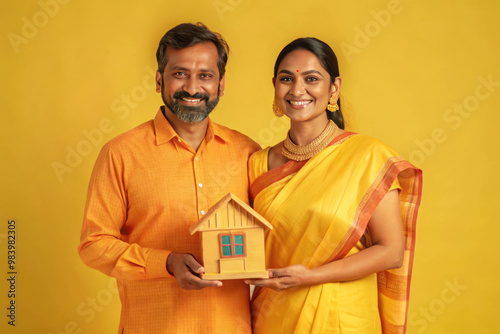 indian couple holding toy house, buying new house concept
