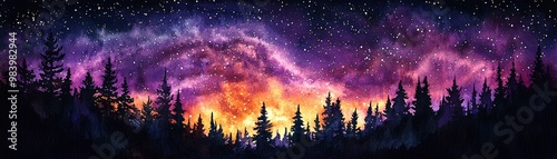 Jagged forest silhouettes create a sharp contrast against the luminous purple night sky. The Milky Way arcs gracefully overhead, its starry brilliance casting a faint glow on the treetops. The