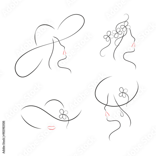 Women. Girls. Vector illustration in modern thin line style: various minimalistic female face silhouettes for postcard, cover, shop window decoration.