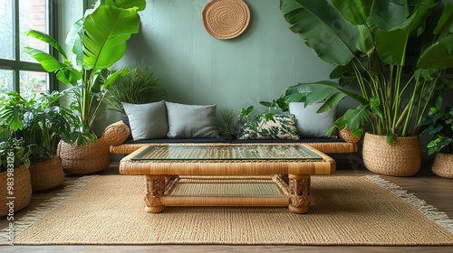 Bamboo coffee table with a woven base and glass top, set in an eco-conscious living room with organic hemp rugs and large, leafy plants, bamboo coffee table photo