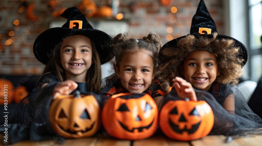 happy Halloween. children with jack o lantern make up in costume at trick or treat Halloween celebration party. happy Halloween. children with jack o lantern make up in costume at trick or treat Halloween celebration party.