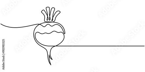 Continuous one line drawing of turnip. Vector illustration on isolated background, One continuous line drawing of whole healthy organic white turnip for farm logo identity. Fresh plant concept