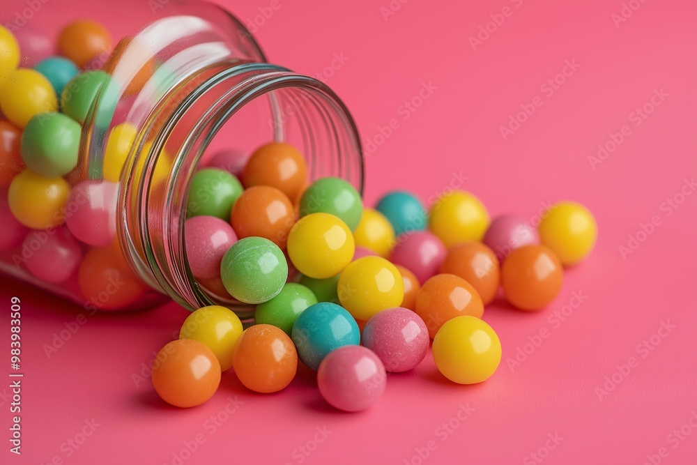 Obraz premium Colorful candies spilling out of an open jar on a pink background 