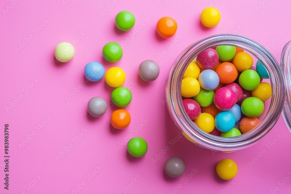 Colorful candies spilling out of an open jar on a pink background Colorful candies spilling out of an open jar on a pink background