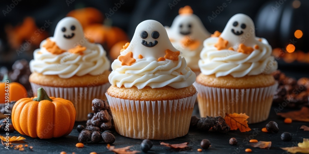 Festive Halloween cupcakes with ghost toppings and pumpkin decor set for a spooky treat. Festive Halloween cupcakes with ghost toppings and pumpkin decor set for a spooky treat.