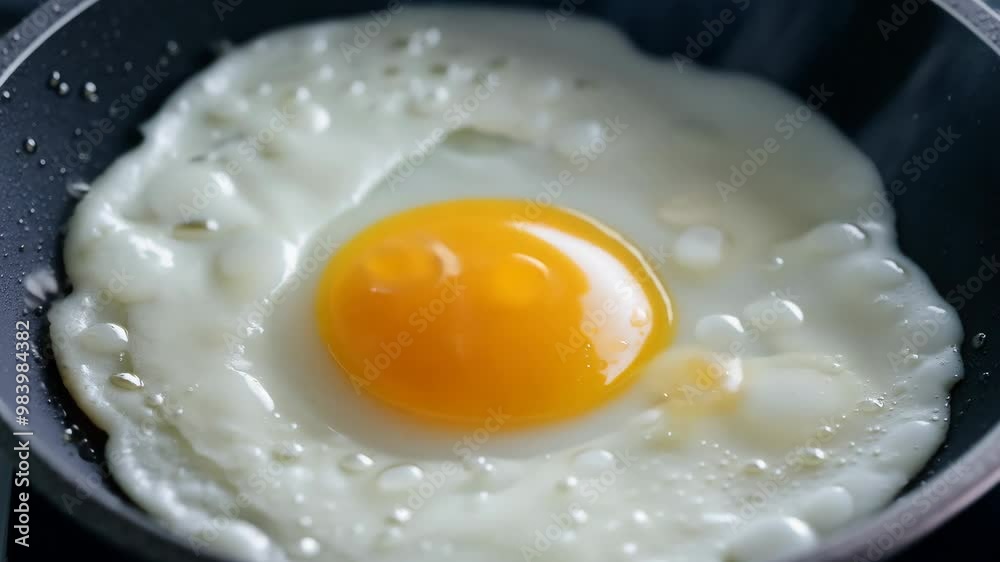 A single egg frying in a pan, with the edges crisping up. A single egg frying in a pan, with the edges crisping up.