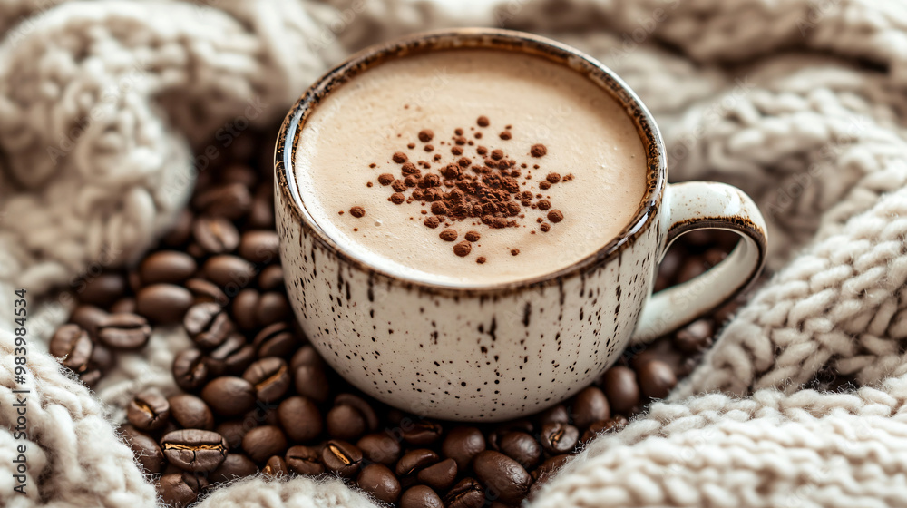A warm cup of coffee with a sprinkle of cocoa on top, surrounded by coffee beans and a cozy blanket. A warm cup of coffee with a sprinkle of cocoa on top, surrounded by coffee beans and a cozy blanket.