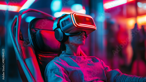 Relaxing in a Virtual Reality Chair with Neon Glow - Made with Generative AI photo