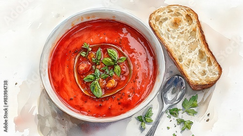 A delicious-looking bowl of tomato soup, shot from a top-down perspective, with a slice of crusty bread and a handful of fresh herbs placed artfully beside it. The deep red color of the soup pops