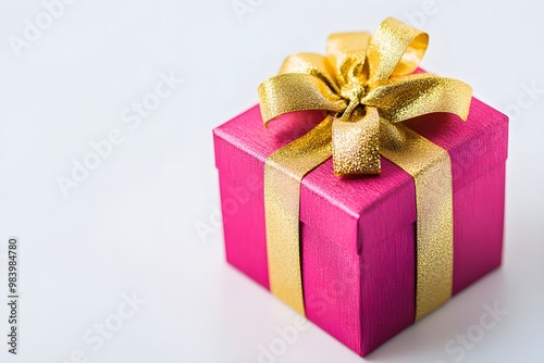 A pink box with gold ribbon on top