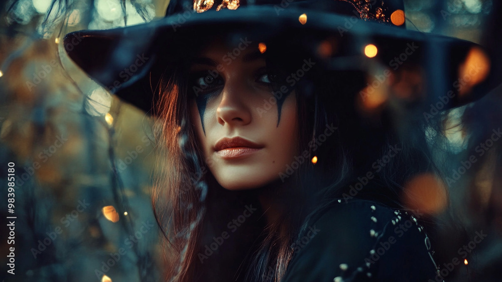 Fototapeta premium A mystical woman in a witch costume surrounded by glowing lights during Halloween celebrations