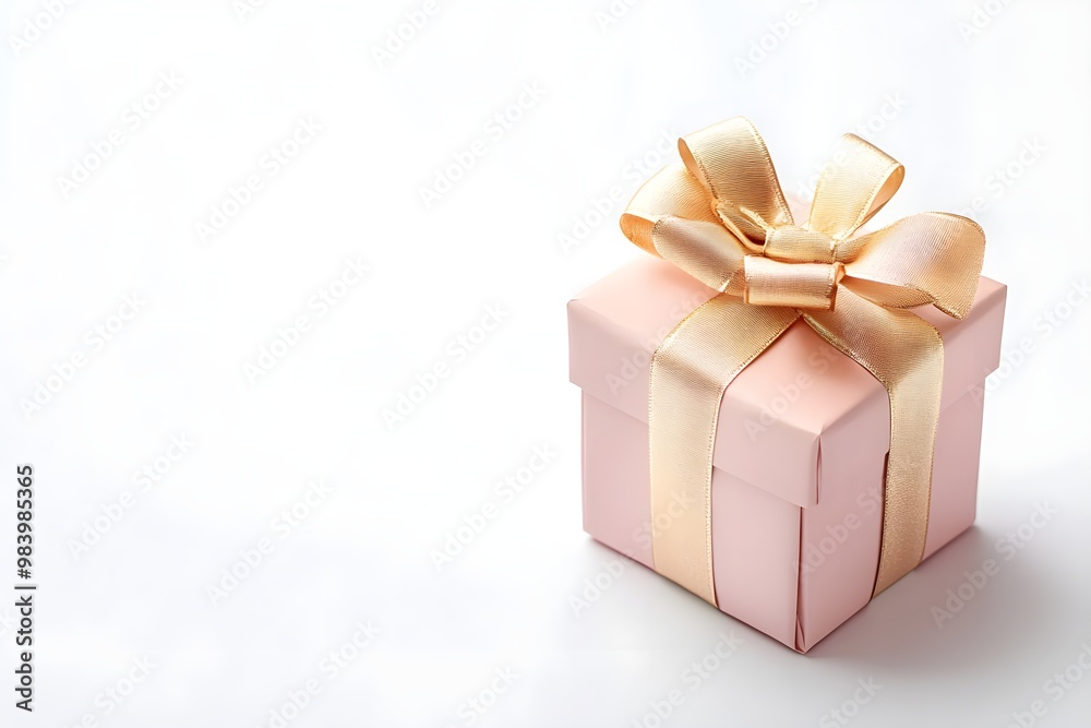 A pink box with gold ribbon on top of a white background
